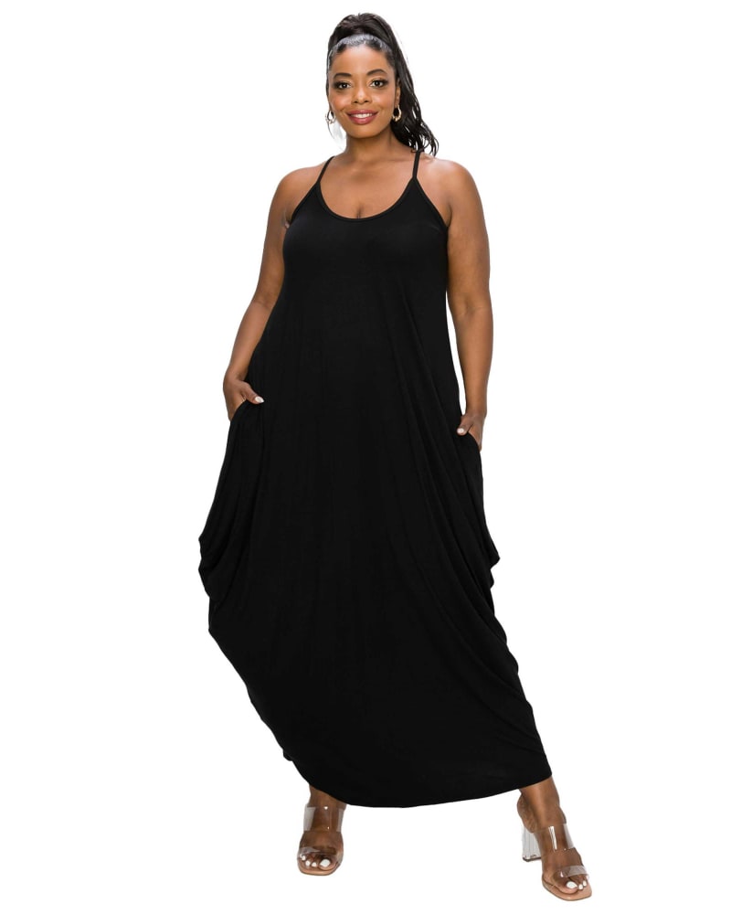 Front of a model wearing a size 1X Spaghetti Strap Harem Dress in Black by L I V D. | dia_product_style_image_id:367351